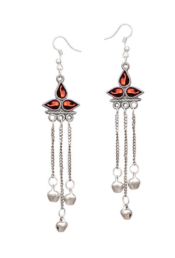 Red Tri-Leaf Afghan German Silver Earrings